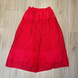 Jennifer & Grace Red Eyelet Midi Skirt with pockets, size small, 100% cotton